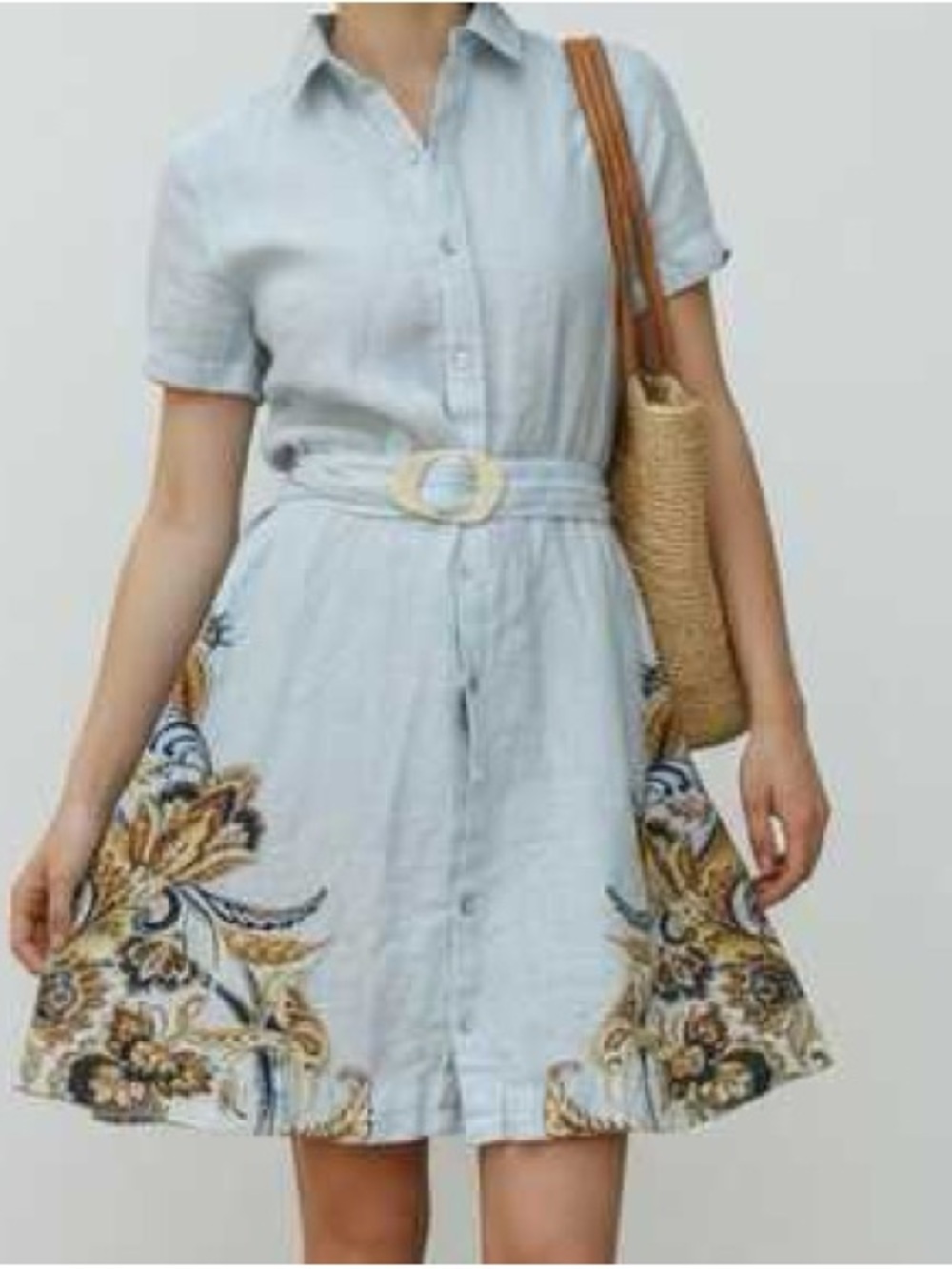 Joie Light Blue Short Sleeve Belted Shirt Dress with Floral Trim